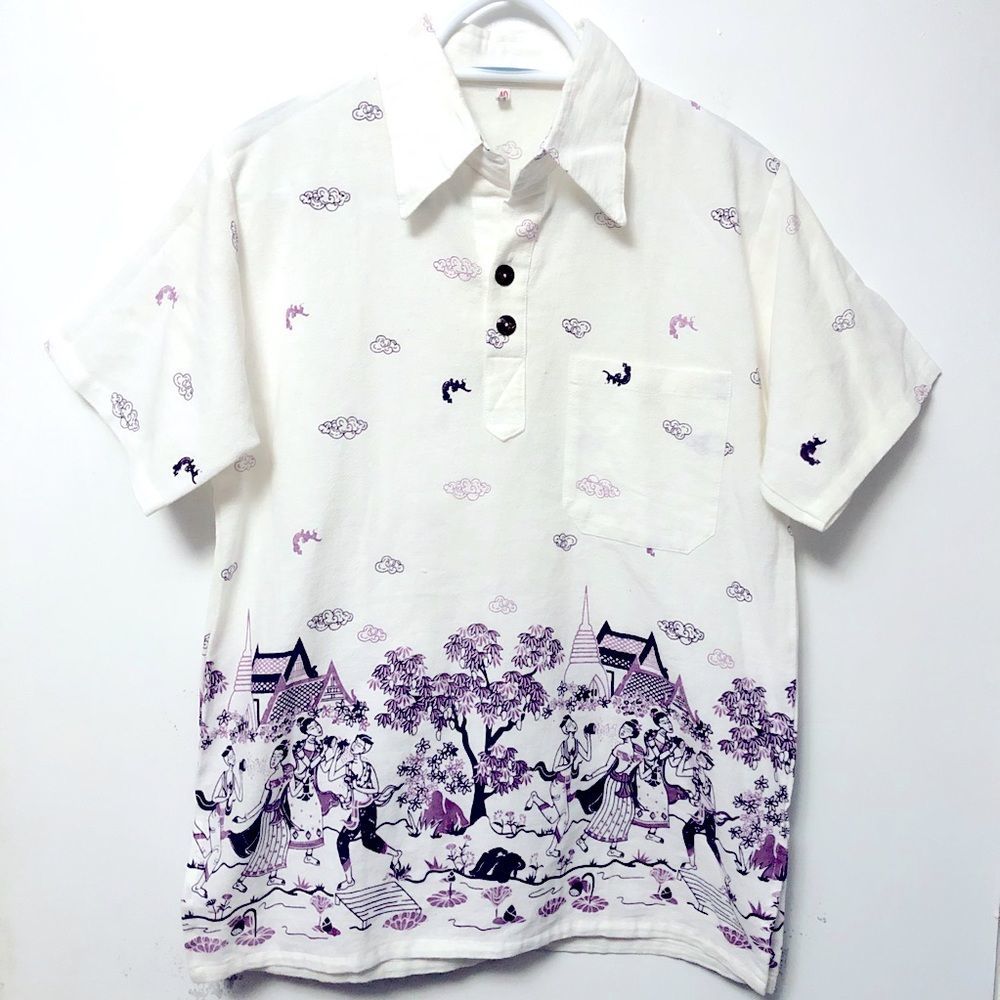 RARE JAPANESE 70s WOOD BLOCK ART TRADITIONAL PURPLE HOKUSAI STYLE POLO SHIRT TEE